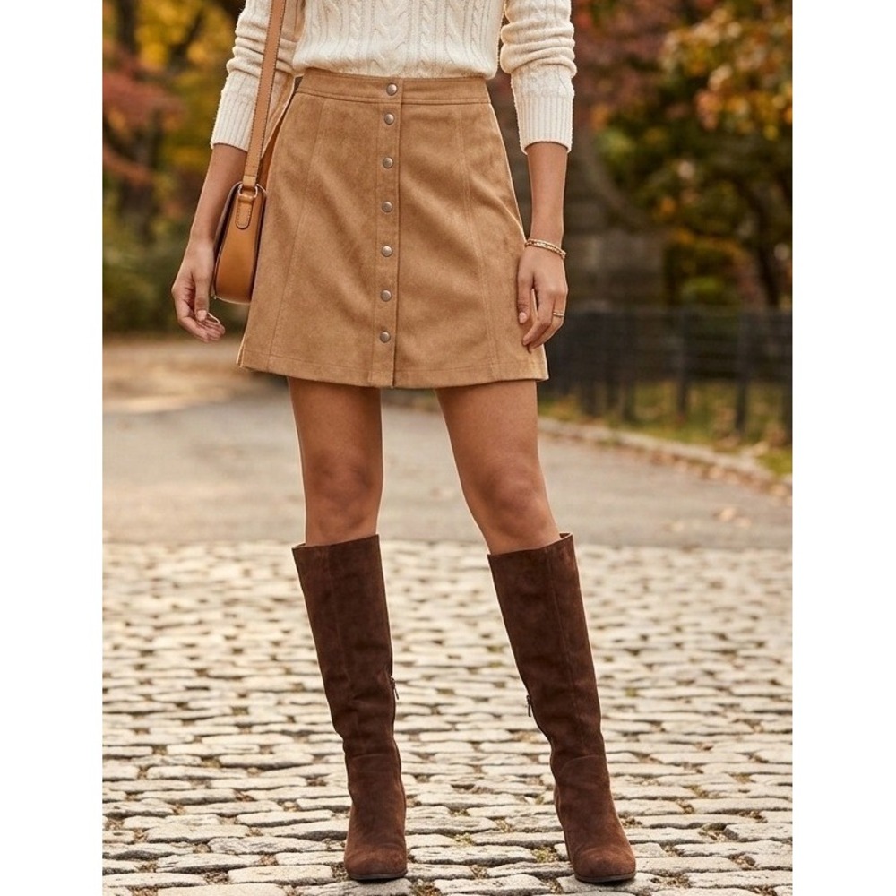 Abercrombie & Fitch Skirt 6 Brown Mini Faux Suede Snaps Stretch‎ Cowgirl Western